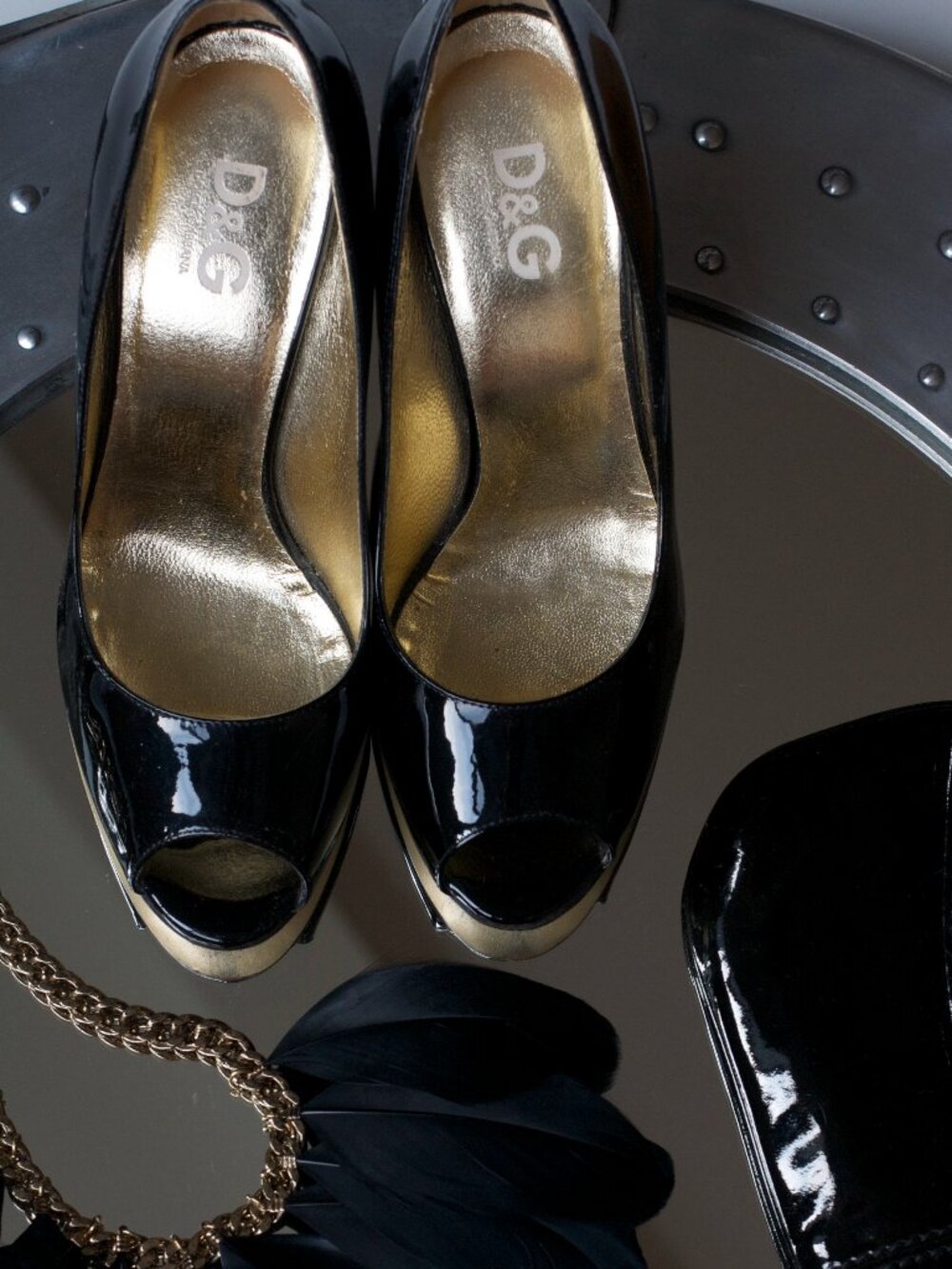 D&G Dolce & Gabbana • Black Patent Peep-Toe Pumps